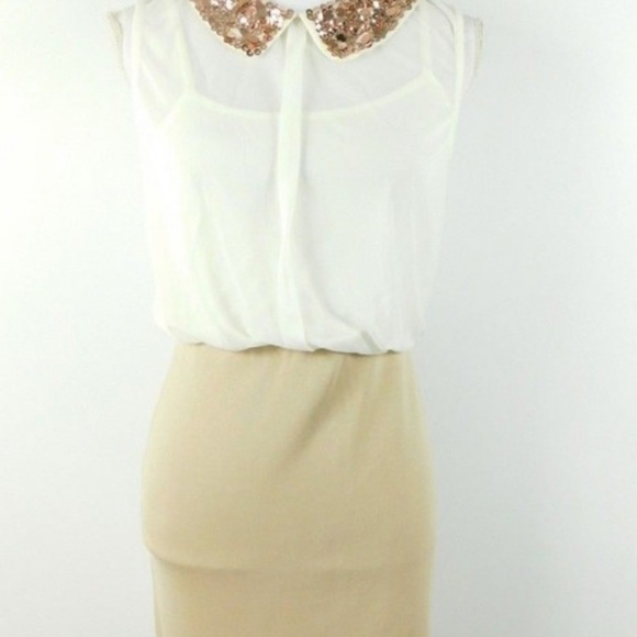 Dresses & Skirts - Ivory Sequin Gold Collar Chiffon Cocktail Dress L